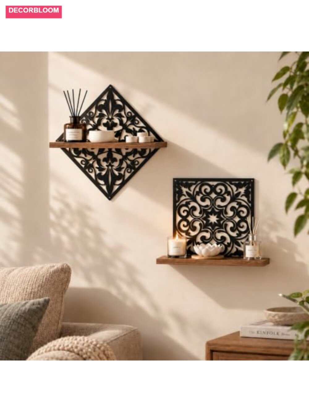 2PCS Decorative Floating Wall Shelves Metal Wood Vintage Set